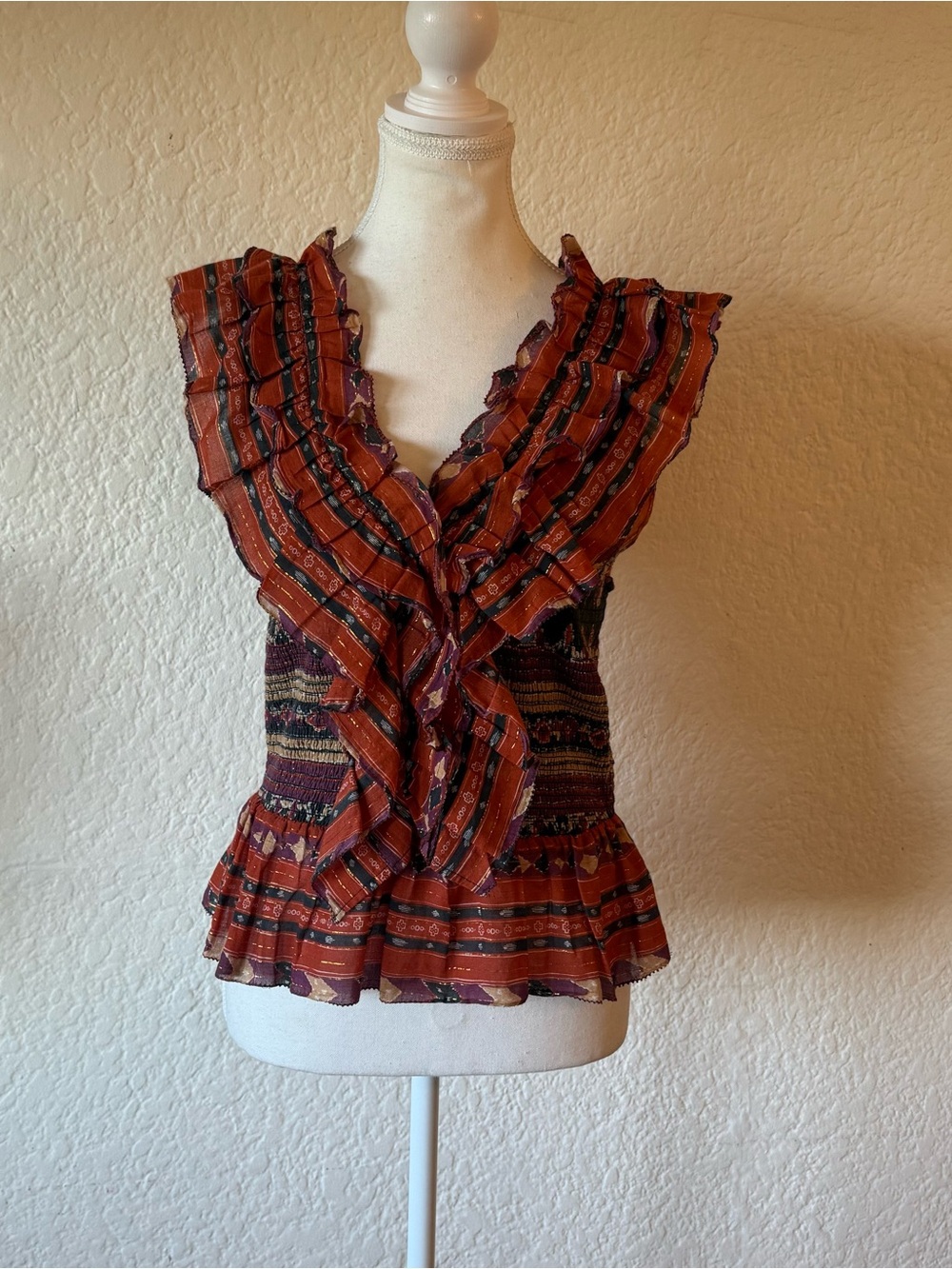 Love The Label Anthropologie Ruffled Neck Blouse Top Smocked multicolor sz M